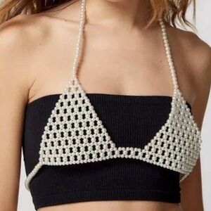 NWT Urban Outfitters White Pearl Bra Top Plunging Bralette Layering Jewelry Sz L